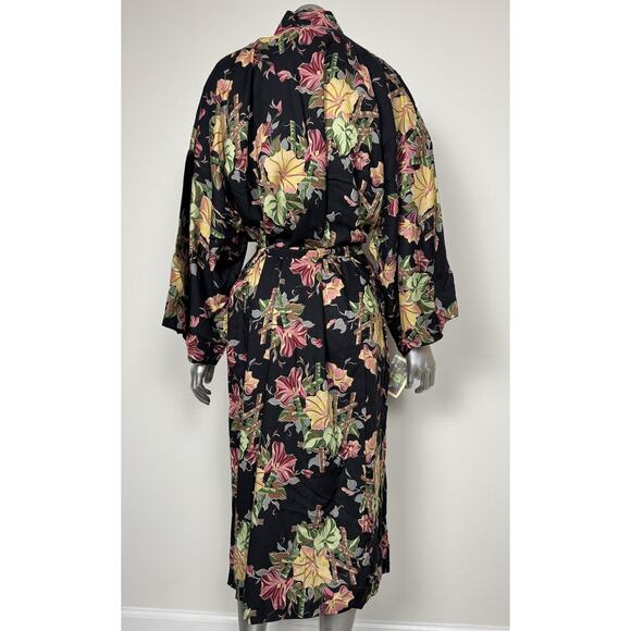 Reyn Spooner Robe S/M Black Bamboo Trellis Kimono Belted Rayon Silk Hawaii NEW - Picture 5 of 15